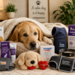 8 Best Calming Products for Anxious Dogs in 2026 Golden retriever resting among calming products for anxious dogs, including comfort toys and anxiety relief aids