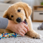Golden retriever puppy gently biting a person's hand during playtime at home