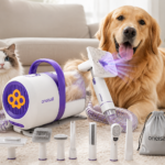Best Dog Grooming Kits in 2026: 8 Top Picks for At-Home Grooming Golden retriever sitting beside a dog grooming vacuum kit with clippers and grooming attachments for at-home dog grooming.
