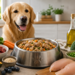 Homemade Dog Food: How to Make Sure It’s Nutritionally Balanced Golden retriever waiting beside a bowl of homemade dog food with meat and vegetables