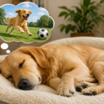 Do Dogs Dream? What Happens When Your Dog Sleeps Golden retriever sleeping peacefully on a cozy dog bed, with dream bubbles showing dogs playing outdoors, illustrating what dogs dream about during sleep.
