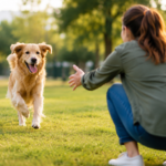 Golden retriever running toward its owner during recall training in a grassy park