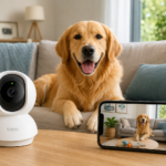 Best Pet Cameras for Dogs in 2026 Golden retriever sitting beside a pet camera at home