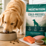 Golden retriever eating cold-pressed dog food beside a bag of dry dog food