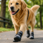 Golden retriever wearing protective dog shoes while walking outdoors on a path