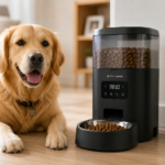 Best Automatic Dog Feeders in 2026: 10 Smart Feeders Worth Buying Golden retriever sitting beside an automatic dog feeder