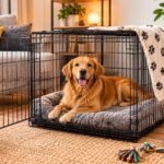 8 Best Dog Crates for Home Use in 2026 Golden retriever resting inside a comfortable dog crate in a cozy living room