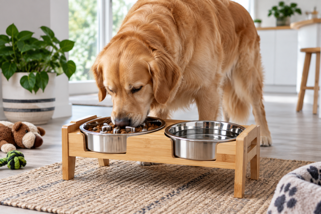 Best Elevated Slow Feeders for Large Dogs in 2026 Large dog eating from an elevated slow feeder with stainless steel bowls