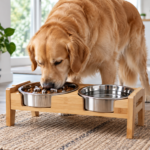 Large dog eating from an elevated slow feeder with stainless steel bowls