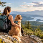 Golden Retriever hiking with owner on a mountain trail overlooking a lake