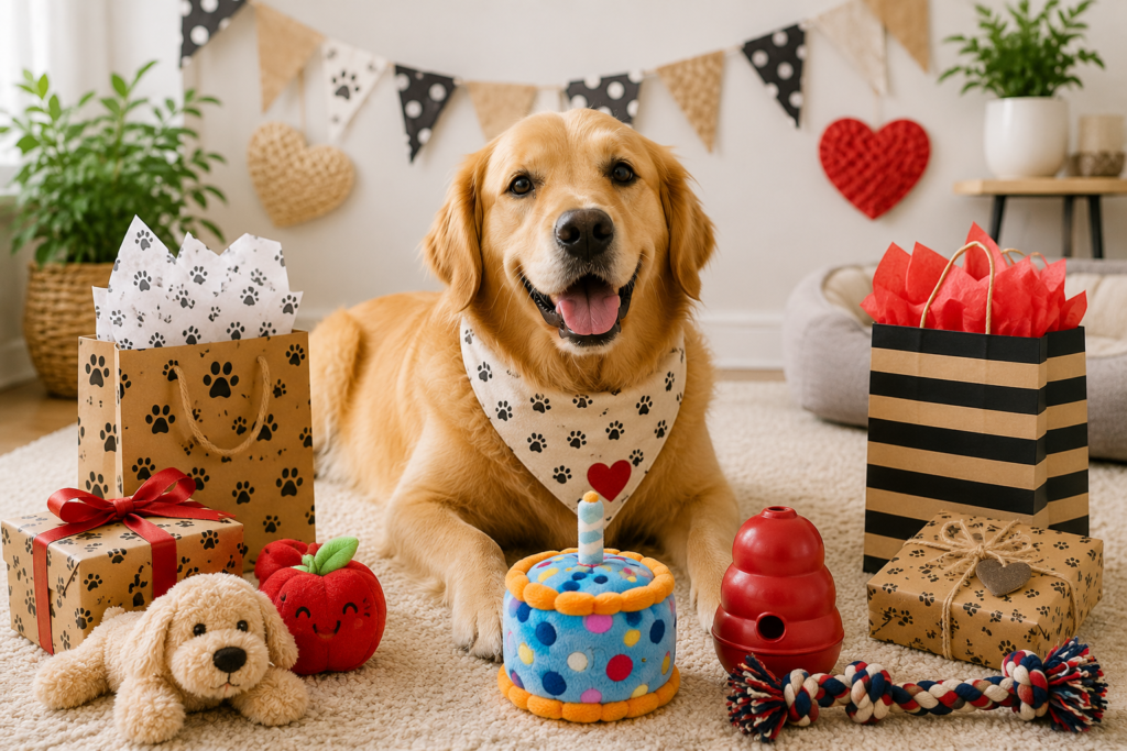 Best Gotcha Day Gifts for Dogs in 2026 Golden Retriever celebrating Gotcha Day with gifts, dog toys and party decorations