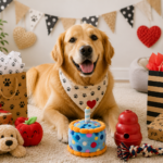 Best Gotcha Day Gifts for Dogs in 2026 Golden Retriever celebrating Gotcha Day with gifts, dog toys and party decorations
