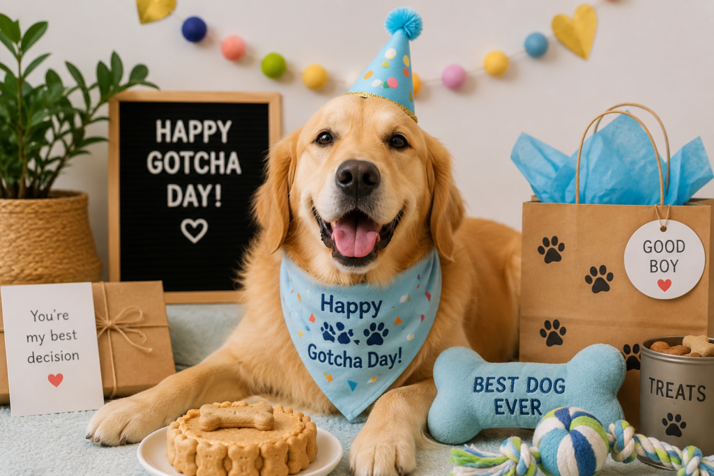 Golden Retriever celebrating Gotcha Day with party hat, treats, toys and gifts