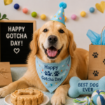 How to Celebrate Your Dog’s Gotcha Day: Fun & Meaningful Ideas Golden Retriever celebrating Gotcha Day with party hat, treats, toys and gifts