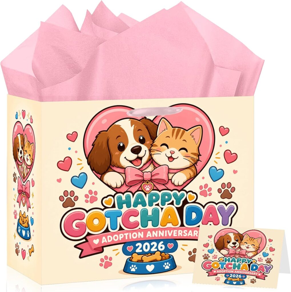 Best Gotcha Day Gifts for Dogs in 2026 Happy Gotcha Day adoption anniversary gift bag with tissue paper and card