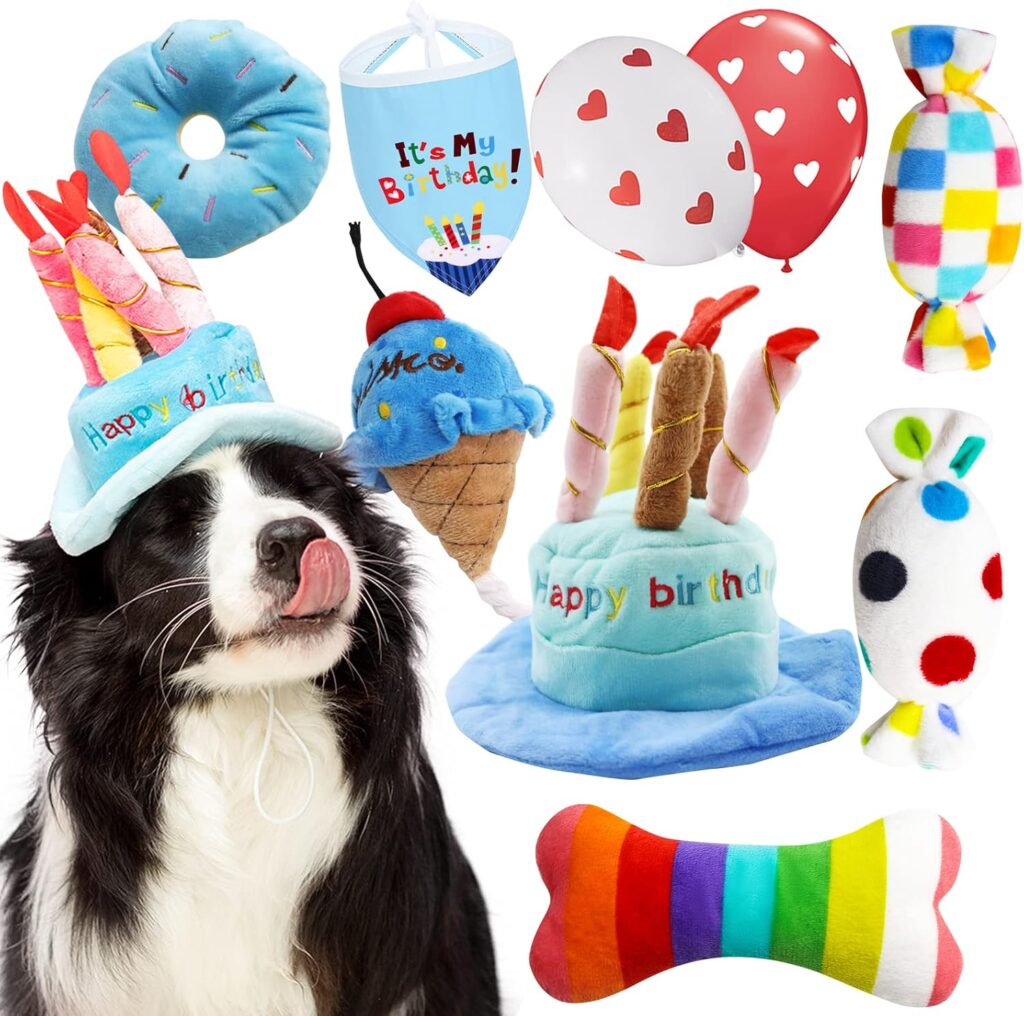 Dog birthday gift set with colorful plush squeaky toys, balloons and birthday cake toys