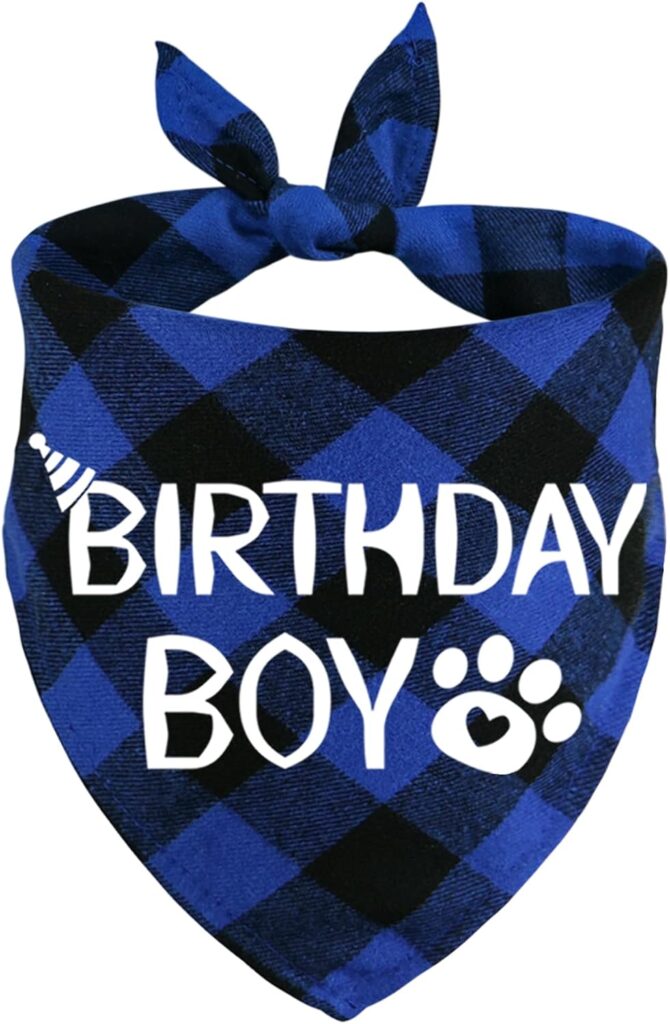 Blue Birthday Boy dog bandana with black buffalo plaid pattern and paw print design