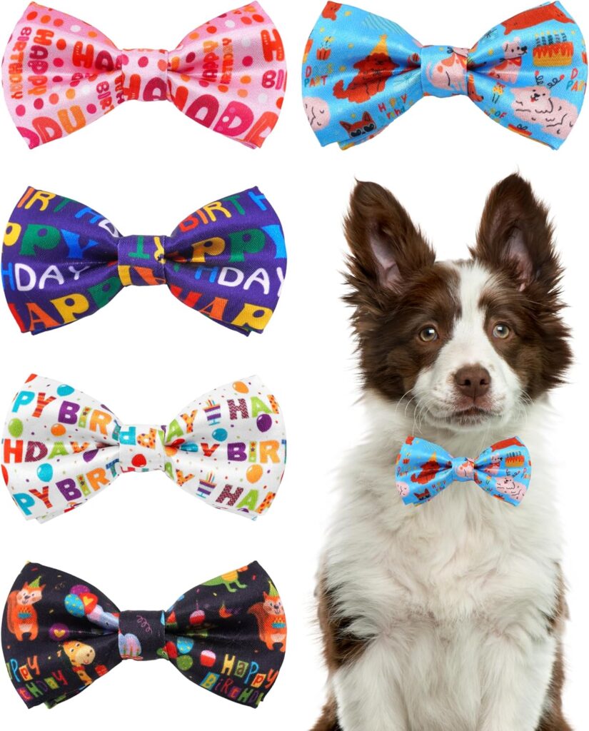 Dog wearing a colorful birthday bow tie with five Happy Birthday bow tie designs