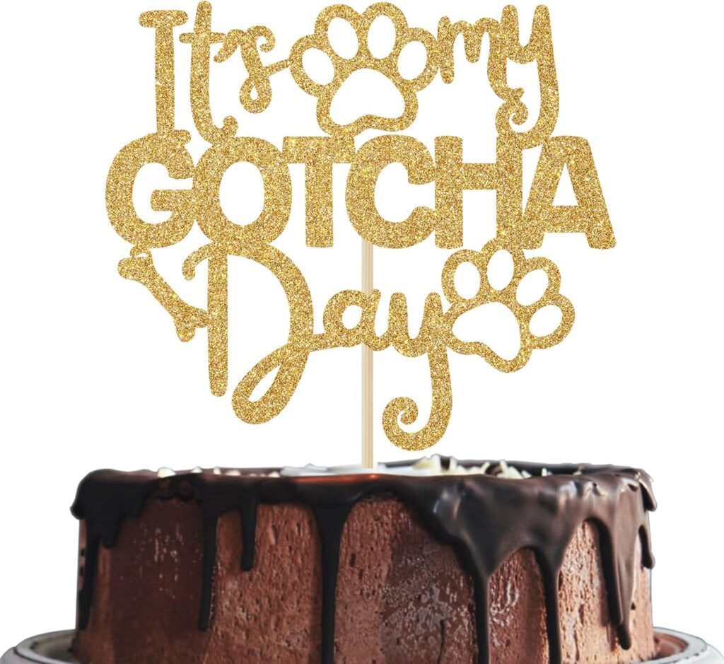Best Gotcha Day Gifts for Dogs in 2026 Gold glitter It’s My Gotcha Day cake topper with paw print design