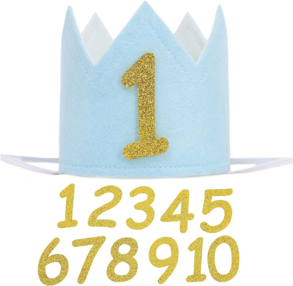 Light blue dog birthday crown with interchangeable gold age numbers from 1 to 10