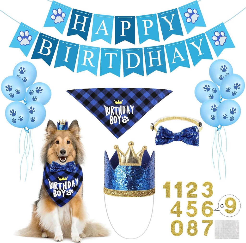 Dog birthday party supplies set with Happy Birthday banner, balloons, bandana, bow tie, crown and age numbers