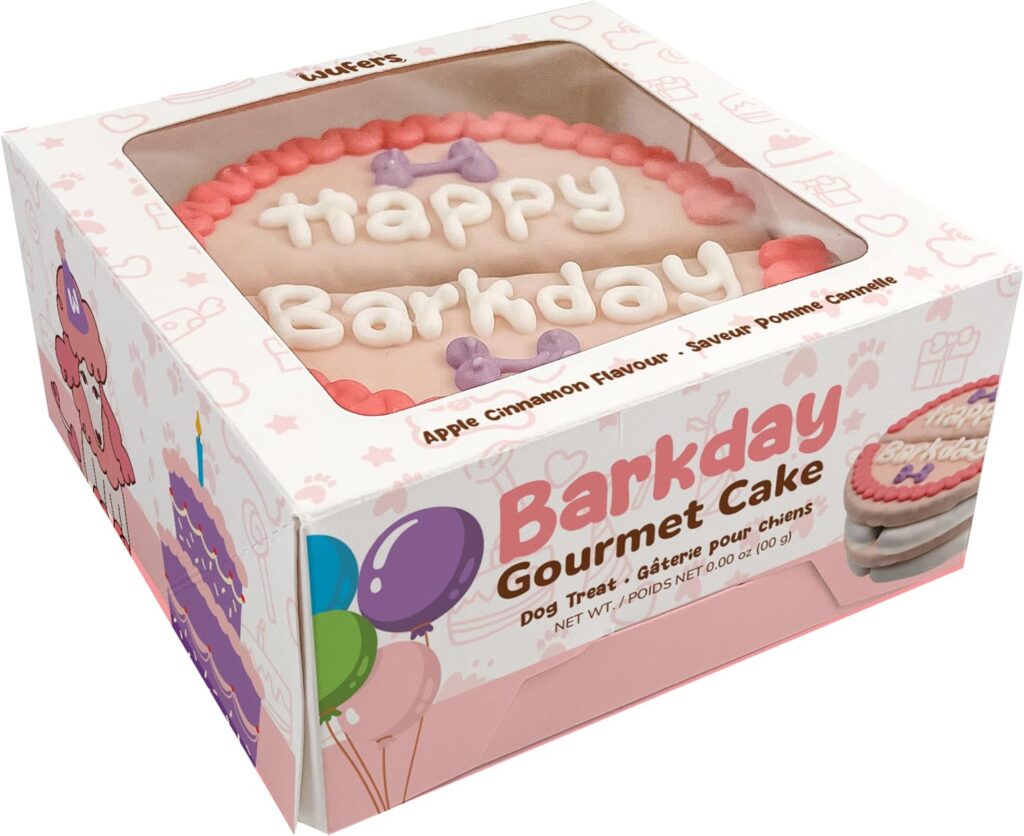 Wüfers Happy Barkday decorated dog birthday cake in gift box