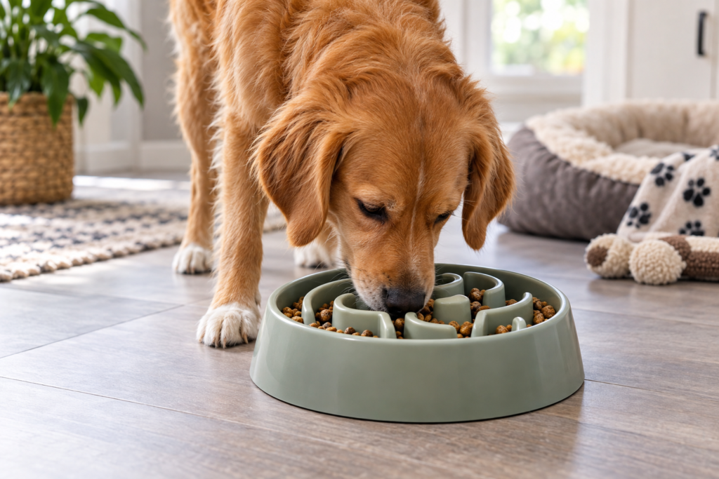 dog eating from a slow feeder bowl at home