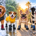dogs wearing protective boots for winter snow, rainy weather, hot pavement and hiking terrain