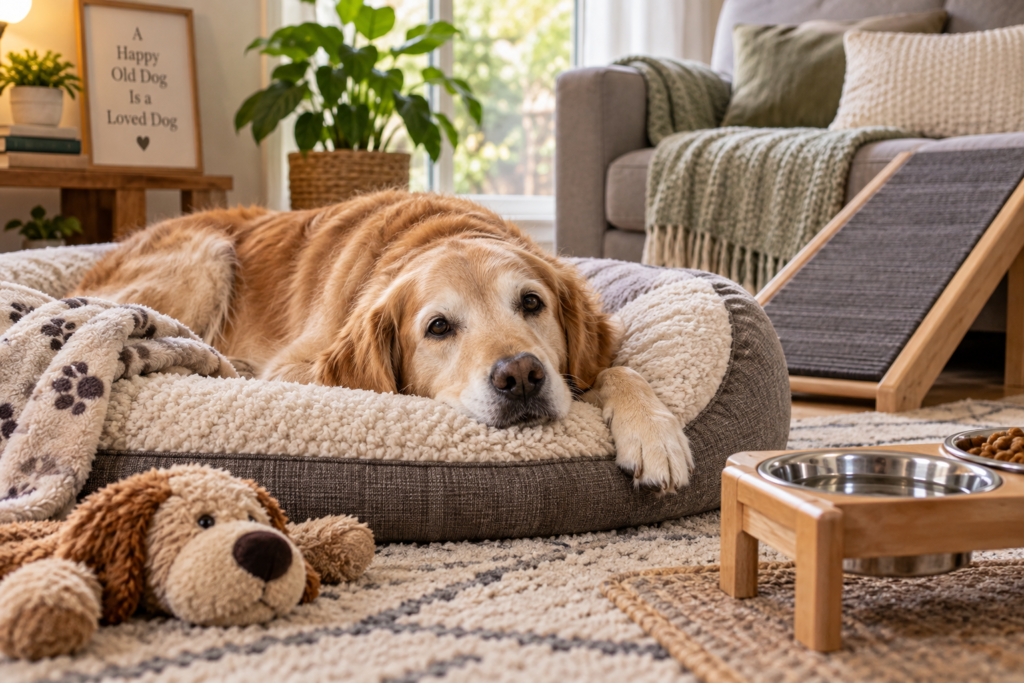 How to Make an Older Dog More Comfortable at Home senior golden retriever resting comfortably on an orthopedic dog bed at home