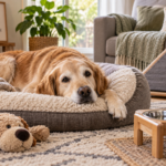 senior golden retriever resting comfortably on an orthopedic dog bed at home