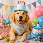 Best Dog Birthday Party Supplies in 2026: 10 Fun Picks Golden Retriever celebrating a birthday with colorful dog party supplies, toys, treats, balloons and birthday accessories
