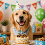 Golden Retriever celebrating a birthday with dog-friendly cake, treats, balloons and gifts