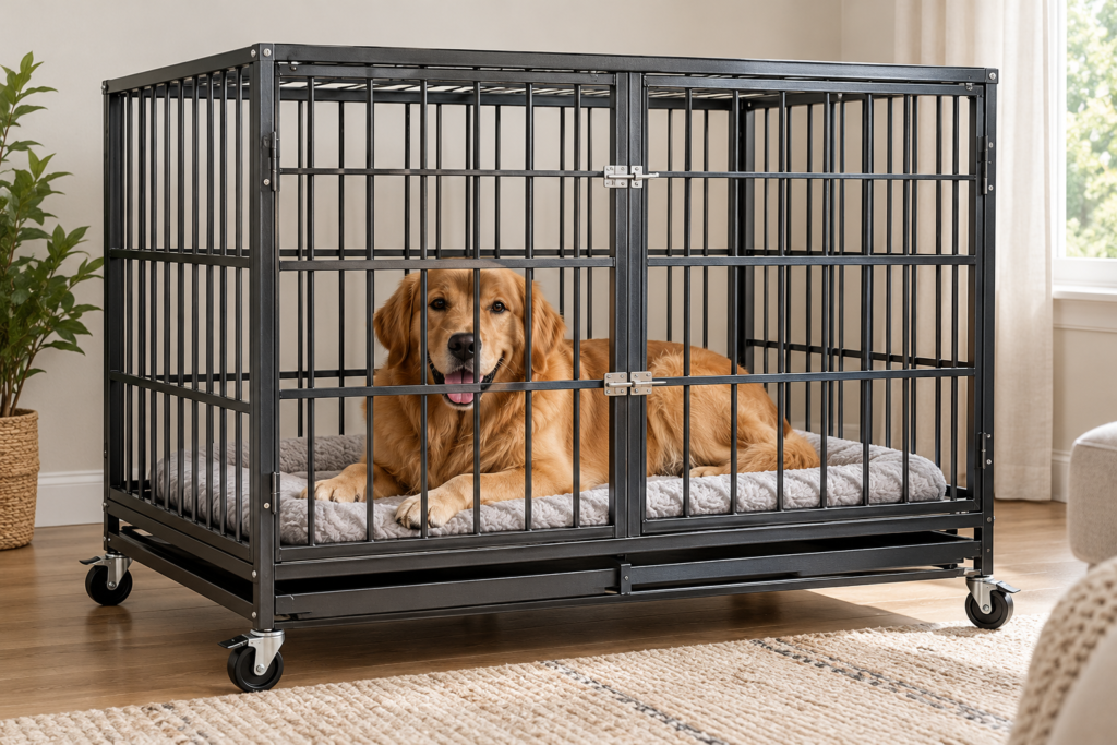 Golden retriever resting comfortably inside a spacious heavy-duty metal dog crate with secure doors and wheels in a bright living room.