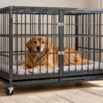 Best Escape-Proof Dog Crates for Anxious Dogs in 2026: 10 Heavy-Duty Options Worth Considering Golden retriever resting comfortably inside a spacious heavy-duty metal dog crate with secure doors and wheels in a bright living room.