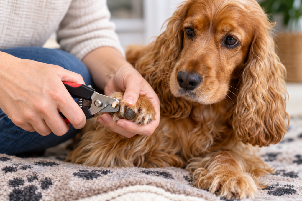 Golden cocker spaniel having its nails carefully trimmed with dog nail clippers at home while resting on a soft blanket.
