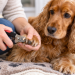 Golden cocker spaniel having its nails carefully trimmed with dog nail clippers at home while resting on a soft blanket.