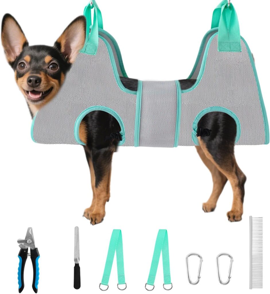 Honeypot gray and turquoise mesh dog grooming hammock harness for small dogs