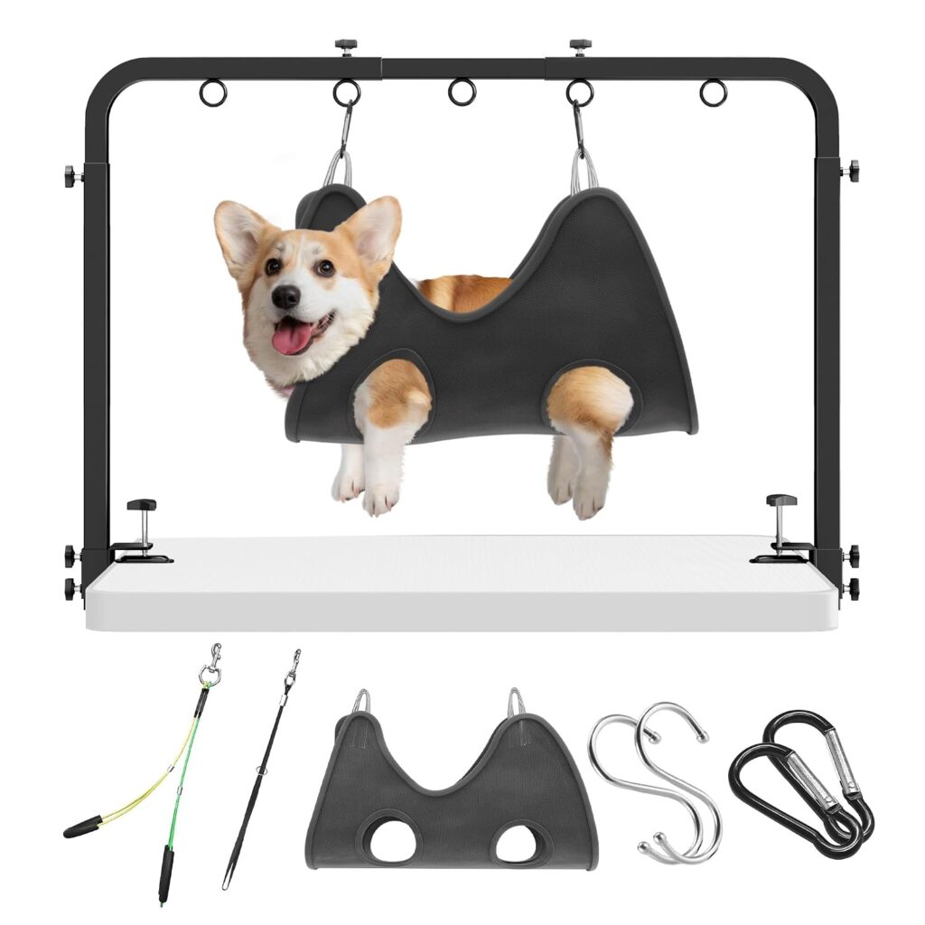 Adjustable pet grooming arm for table with dog grooming hammock and support frame