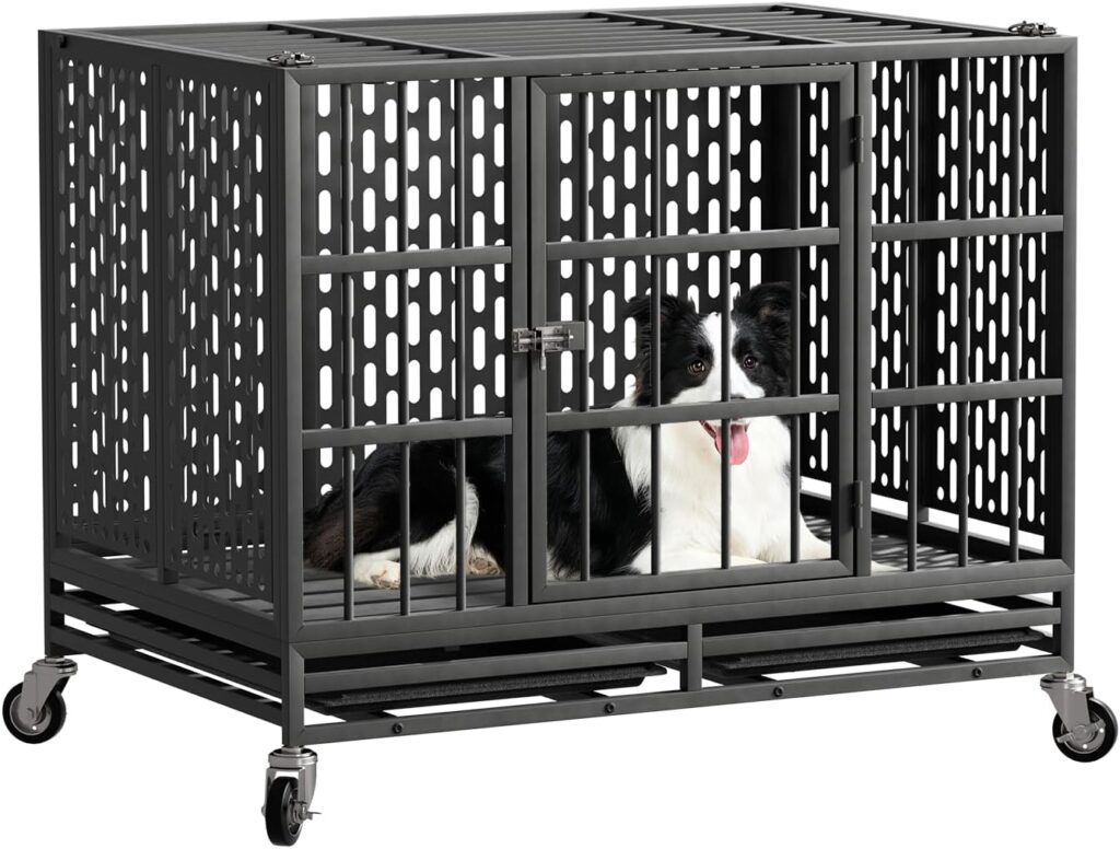 Snouwu 38-inch heavy-duty metal dog crate with wheels and removable tray