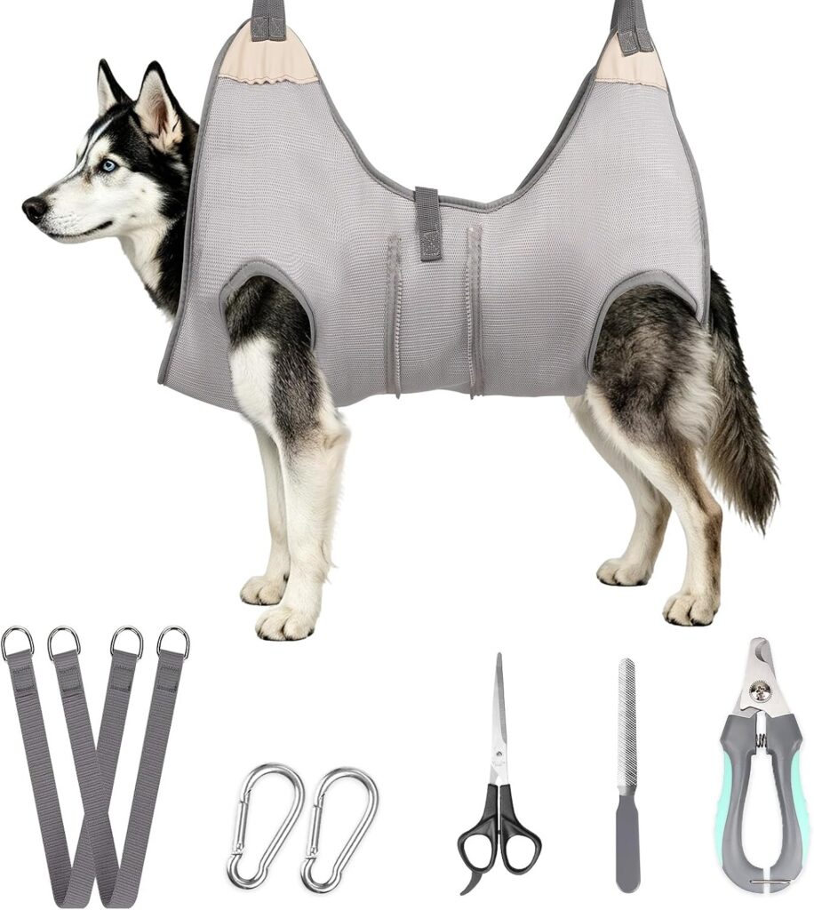 ATESON adjustable gray dog grooming hammock with zipper and reinforced support straps