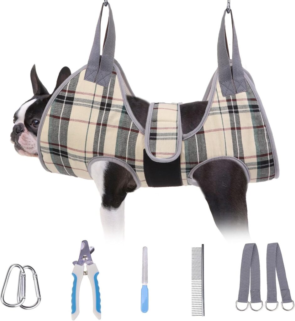 BEAUTYZOO beige plaid dog grooming hammock harness for small dogs and cats