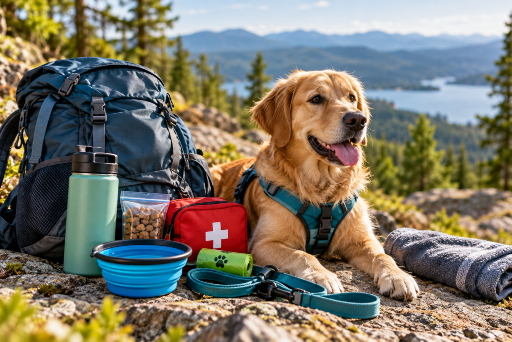 Dog hiking essentials including a water bottle, collapsible bowl, leash, treats and first aid kit packed for a day hike