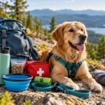 Dog hiking essentials including a water bottle, collapsible bowl, leash, treats and first aid kit packed for a day hike