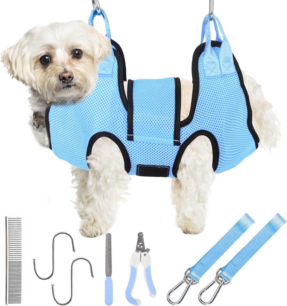 PatiencET light blue dog grooming hammock kit with nail clippers and grooming accessories