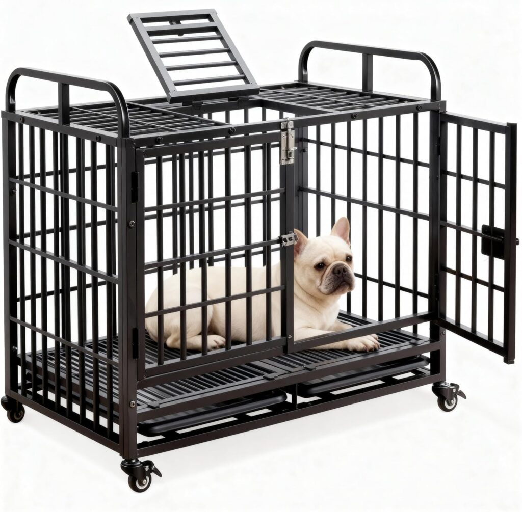 Heavy-duty metal dog crate with ventilated side panels, front door and lockable wheels