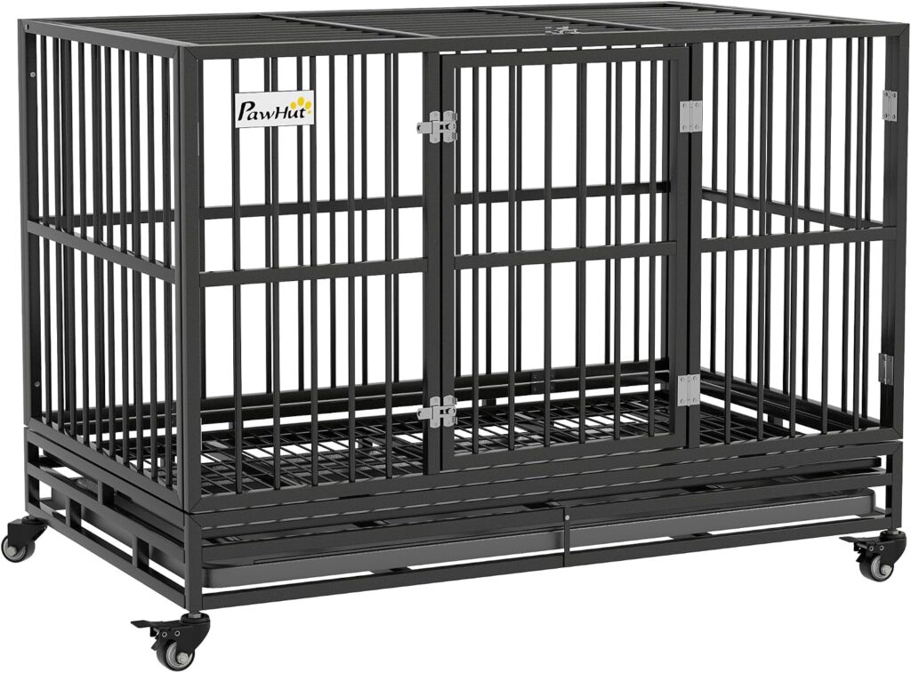 PawHut 48-inch heavy-duty dog crate with double doors, lockable wheels and removable tray