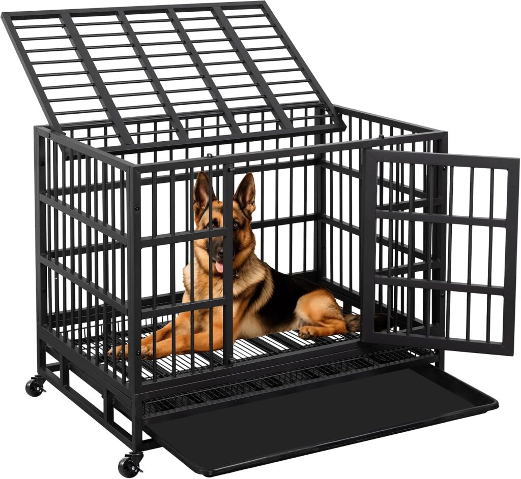 Lauren and Harold 38-inch heavy-duty dog crate with front and top doors and removable tray