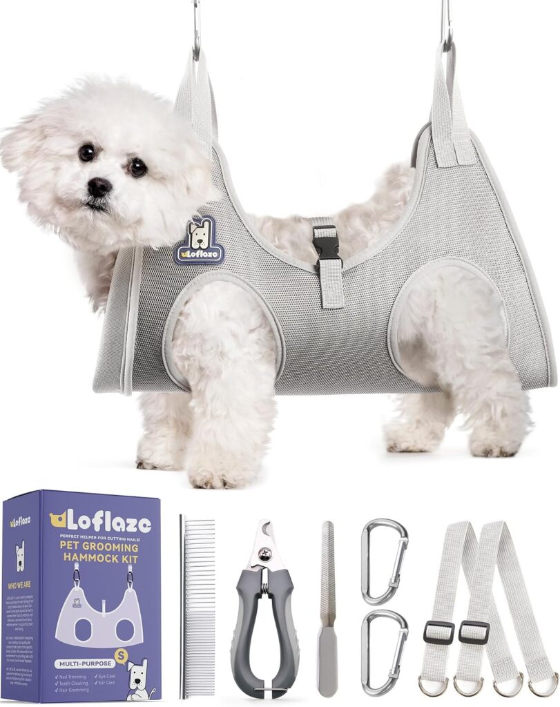 Loflaze dog grooming hammock harness with hanging straps and nail trimming tools
