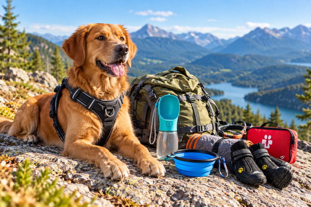 Golden retriever wearing a hiking harness beside essential dog hiking gear, including a water bottle, travel bowl, dog boots and first aid kit on a mountain trail