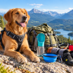 Best Dog Gear for Long Hikes in 2026: 10 Practical Essentials for the Trail Golden retriever wearing a hiking harness beside essential dog hiking gear, including a water bottle, travel bowl, dog boots and first aid kit on a mountain trail
